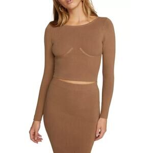 Good American NWT Women's The Cupped Rib Crop Sweater Tan Size S/M
